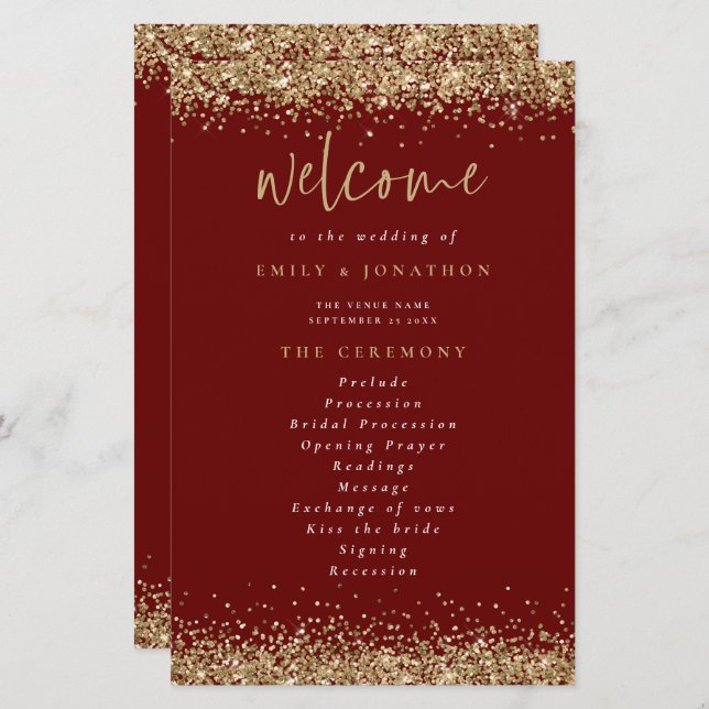 Gold Glitzer Burgundy Wedding Programm (Vorne/Hinten)