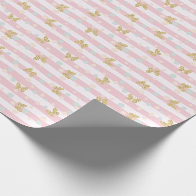 Gold Glitzer Butterfells Pink Stripes Girly Geschenkpapier (Ecke)