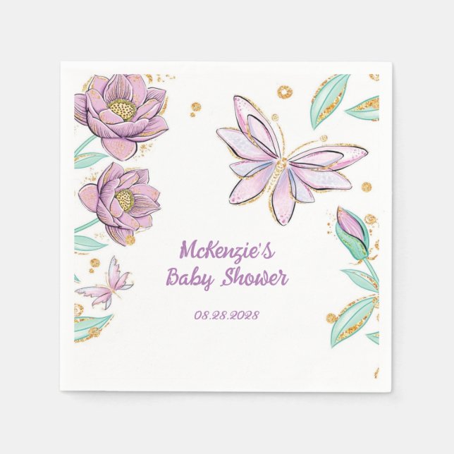 Gold Glitzer Butterfly and Flower Girl Babydusche Serviette (Vorderseite)