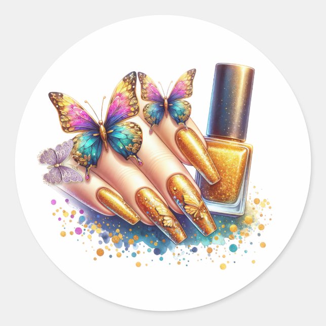 Gold Glitzer Butterfly Nails Runder Aufkleber (Vorderseite)