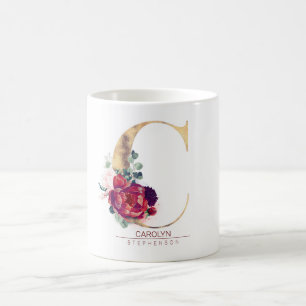Gold Glitzer C Monogram Floral Burgund Red Kaffeetasse