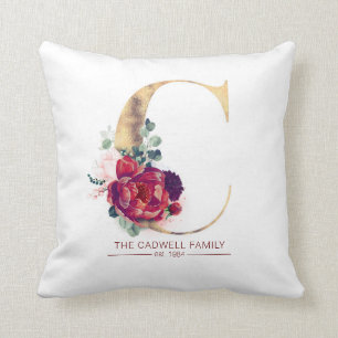 Gold Glitzer C Monogram Floral Burgund Red Kissen