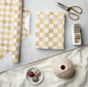 Gold Glitzer Checkered Squares Retro Geschenkpapier