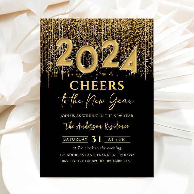 Gold Glitzer Cheers Silvester Party 2024 Einladung (Von Creator hochgeladen)