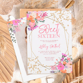 Gold Glitzer Chic florale Aquarell Foto Sweet 16 Einladung