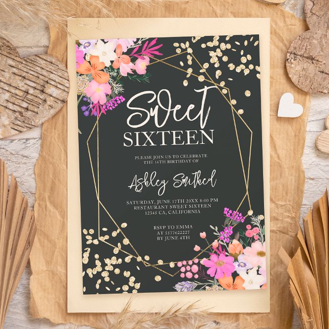 Gold Glitzer Chic florale Aquarell Foto Sweet 16 Einladung (Von Creator hochgeladen)