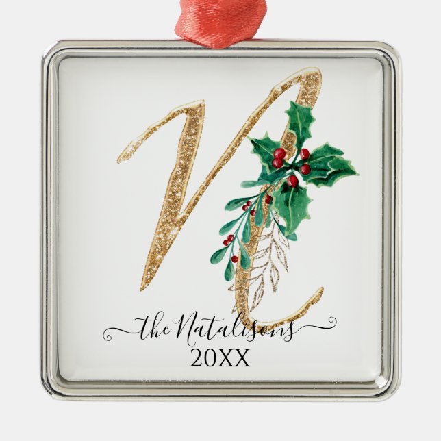 Gold Glitzer Christmas Holly Foliage Monogram N Ornament Aus Metall (Vorne)