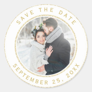 Gold Glitzer Circle Wedding Foto Save the Date Runder Aufkleber
