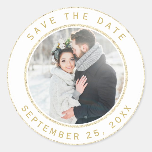 Gold Glitzer Circle Wedding Foto Save the Date Runder Aufkleber (Vorderseite)