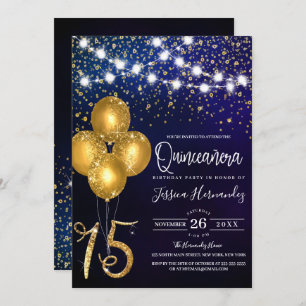 Gold Glitzer Confetti Balloons Lights Quinceañera Einladung
