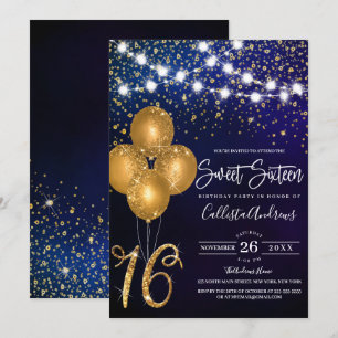 Gold Glitzer Confetti Balloons Lights Sweet 16 Einladung