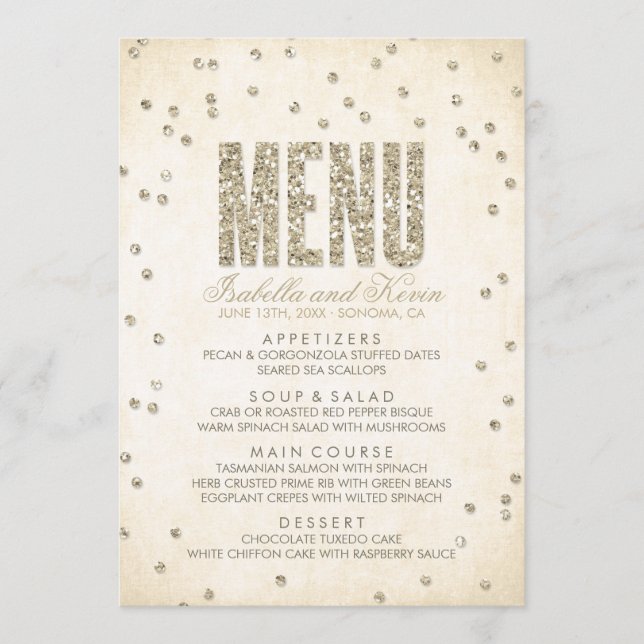 Gold Glitzer Confetti Dots Wedding Menu Menükarte (Vorderseite)