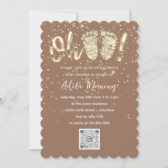 Gold Glitzer Confetti Feet Baby Girl QR CODE Brown Einladung (Vorderseite)