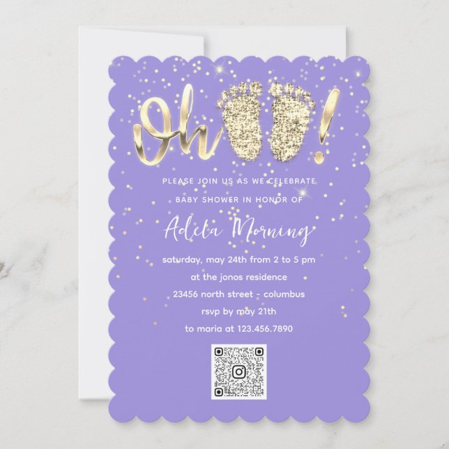 Gold Glitzer Confetti Feet Baby Girl QRCODE Lila Einladung (Vorderseite)