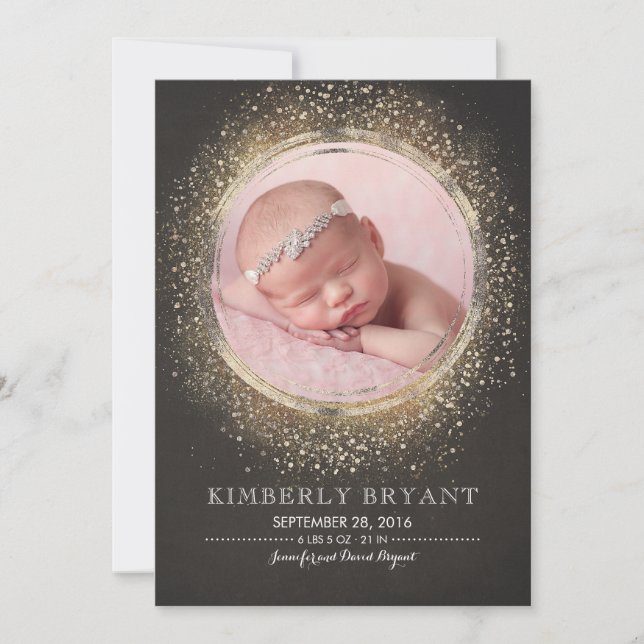 Gold Glitzer Confetti Foil Rahmen Baby Girl Birth Ankündigung (Vorderseite)
