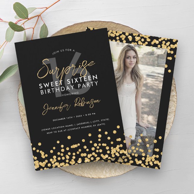 Gold Glitzer Confetti Foto Überraschung Sweet 16 Einladung (Gold Glitter Confetti Photo Surprise Sweet 16 Invitation)
