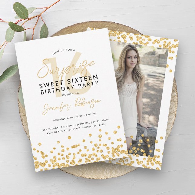 Gold Glitzer Confetti Foto Überraschung Sweet 16 Einladung (Gold Glitter Confetti Photo Surprise Sweet 16 Invitation)