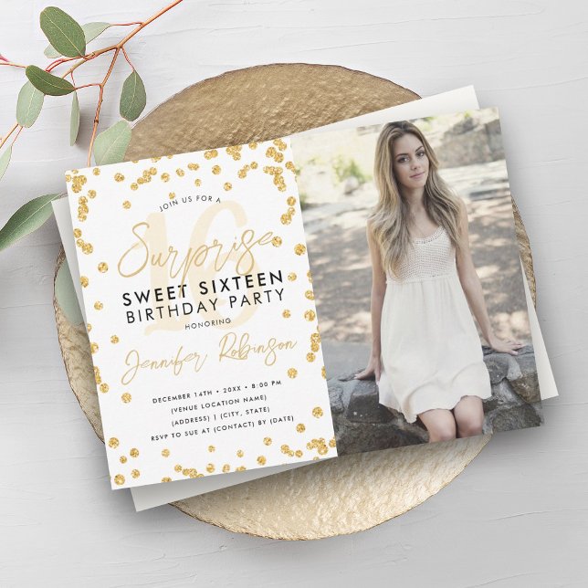 Gold Glitzer Confetti Foto Überraschung Sweet 16 Einladung (Gold Glitter Confetti Photo Surprise Sweet 16 Invitation)