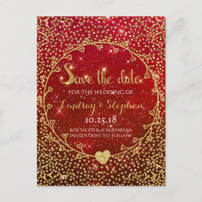Gold Glitzer Confetti Glam Rot Save the Date Ankündigungspostkarte (Vorderseite)