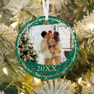 Gold Glitzer Confetti Green Family Foto Weihnachte Ornament Aus Metall