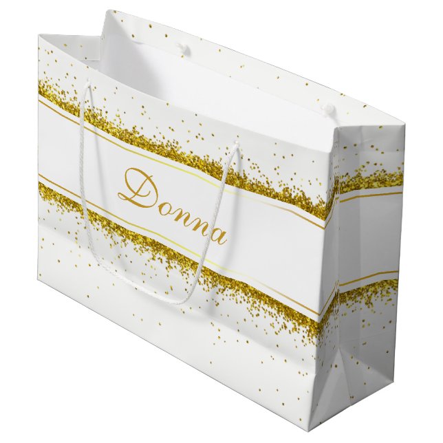 Gold Glitzer Confetti Name - Große Geschenktasche Geschenktüte (Vorderseite Schrägansicht)