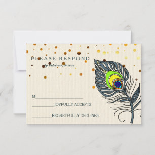Gold Glitzer Confetti Peacock Feather Blue UAWG RSVP Karte