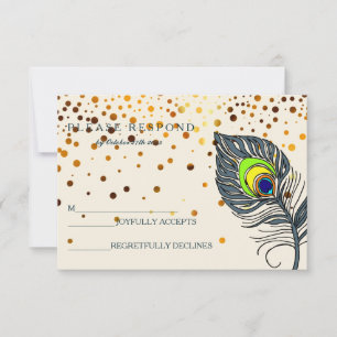 Gold Glitzer Confetti Peacock Feather Blue UAWG RSVP Karte