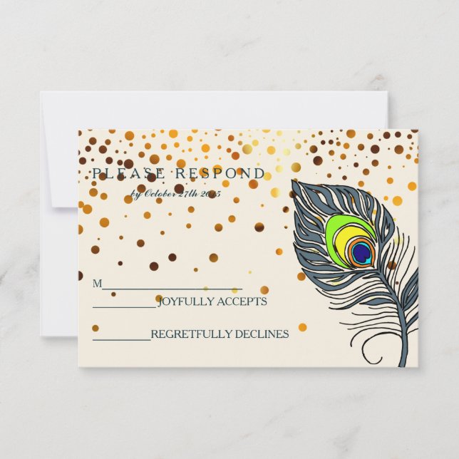 Gold Glitzer Confetti Peacock Feather Blue UAWG RSVP Karte (Vorderseite)
