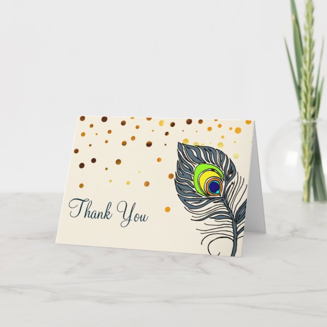 Gold Glitzer Confetti Peacock Feather Vielen Dank Dankeskarte (Vorderseite)