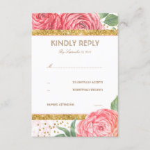 Gold Glitzer Confetti Pink Floral Wedding RSVP