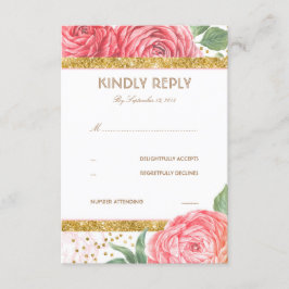 Gold Glitzer Confetti Pink Floral Wedding RSVP Karte