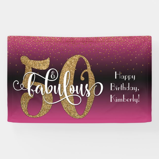 Gold Glitzer Confetti Pink Ombre 50 & Fabulous Banner (Horizontal)