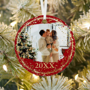 Gold Glitzer Confetti Rote Familie Foto Weihnachte Ornament Aus Metall
