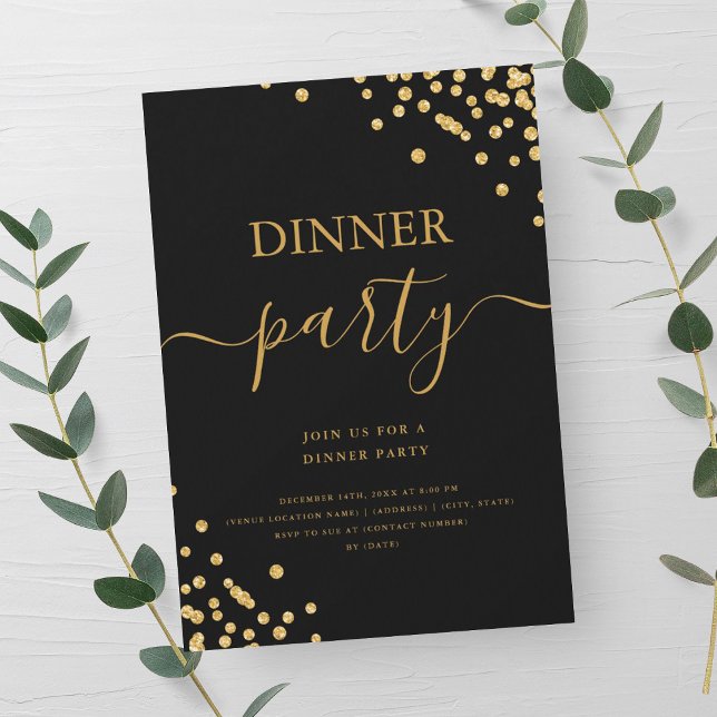 Gold Glitzer Confetti Script Dinner Party Black Einladung (Gold Glitter Confetti Script Dinner Party Black Invitation)