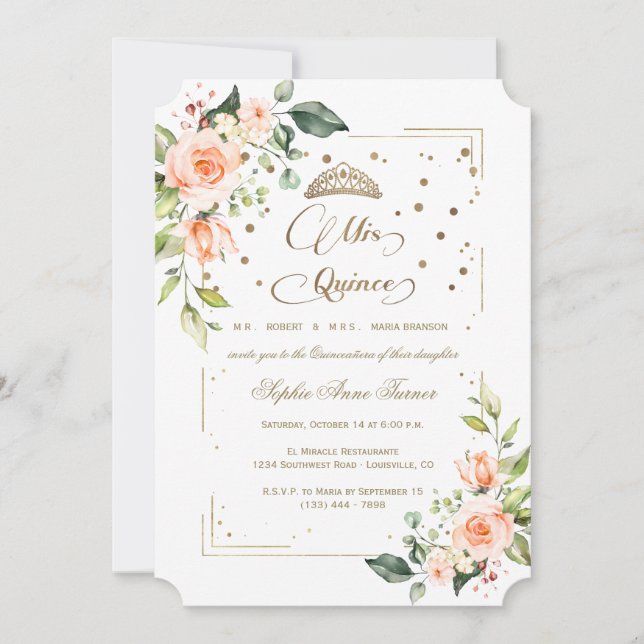 Gold Glitzer Coral Floral Mis Quince Quinceañera Einladung (Vorderseite)