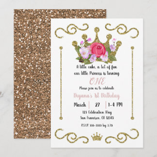 Gold Glitzer Crown Floral 1 Eins 1 Geburtstags-Par Einladung