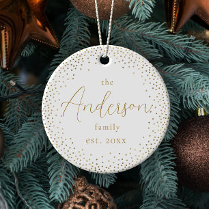 Gold Glitzer Custom Family Name Script Weihnachten Keramik Ornament