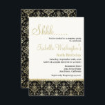 Gold Glitzer Damask 80. Überraschung Geburtstagspa Einladung<br><div class="desc">Gold Glitzer Damask 80. Überraschung Geburtstagsparty von Eugene Designs. Feiern Sie Ihren Überraschungsgeburtstag mit diesem edlen, eleganten Golddampfer auf schwarz. Der Glitzer ist für jeden Geschmack etwas dabei. Auf der Vorderseite befinden sich Vorlagenfelder, in denen Sie Ihre eigenen Angaben auf einem blassgelben Hintergrund platzieren können, und unten befindet sich ein...</div>