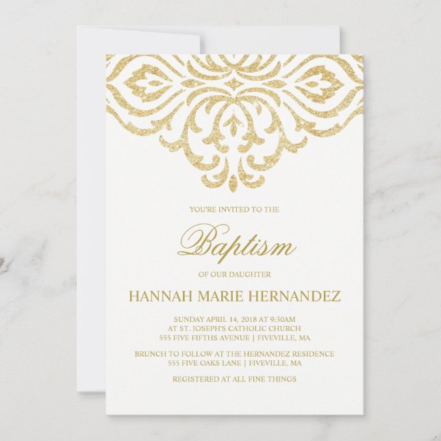 Gold Glitzer Damask - Einladung zur Taufe (Vorderseite)