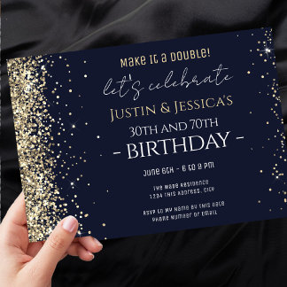 Gold Glitzer Dark Blue Double Birthday Party Einladung