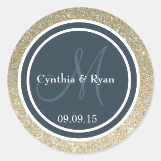 Gold Glitzer & Dark Blue Gray Wedding Monogram Runder Aufkleber