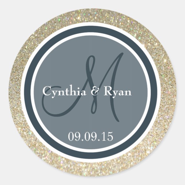 Gold Glitzer & Dark Blue Wedding Monogram Runder Aufkleber (Vorderseite)