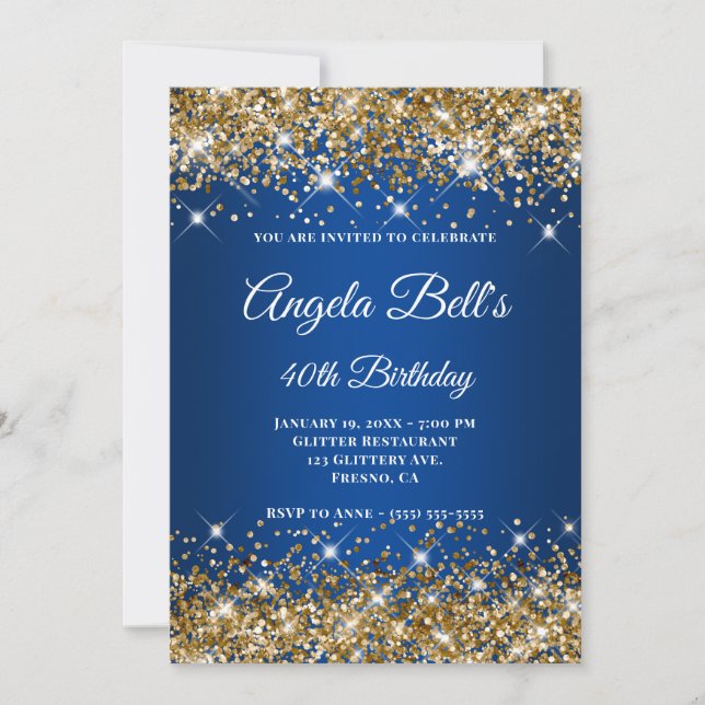 Gold Glitzer Deep Blue Ombre Extravagant Monogram Einladung (Vorderseite)