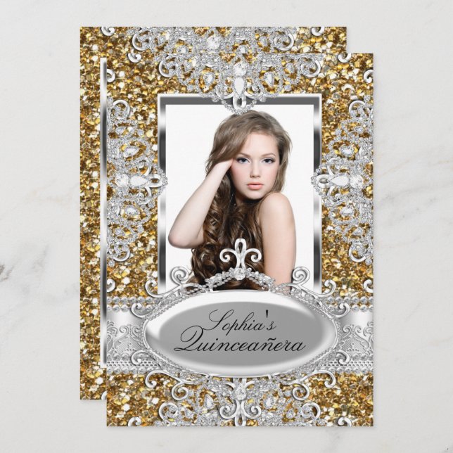 Gold Glitzer Diamond Glamour Quinceanera Einladung (Vorne/Hinten)