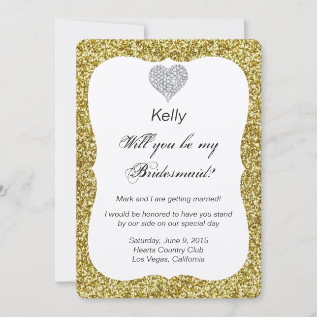 Gold Glitzer Diamond Heart Bridesmaid Card Einladung (Vorderseite)