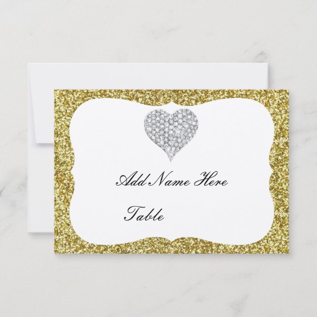 Gold Glitzer Diamond Heart Table Platzkarte (Vorderseite)