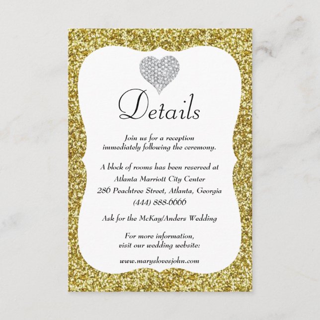 Gold Glitzer Diamond Heart Wedding Details Begleitkarte (Vorderseite)
