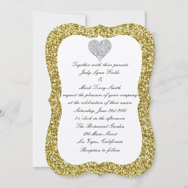 Gold Glitzer Diamond Heart Wedding Einladung (Vorderseite)