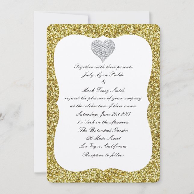 Gold Glitzer Diamond Heart Wedding Einladung (Vorderseite)