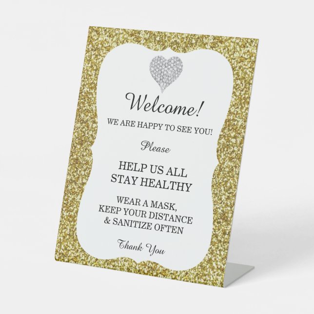 Gold Glitzer Diamond Heart Wedding Safety Sockelschild (Vorderseite)